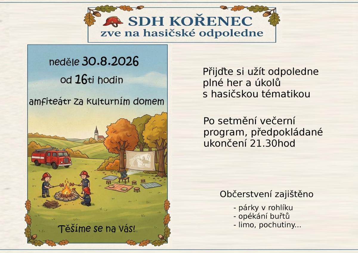 od 16 hodin v amfiteátru za kulturním domem.  Přijďte si užít odpoledne plné her a úkolů s hasičskou tématikou. Po setmění večerní program.  Občerstvení zajištěno.