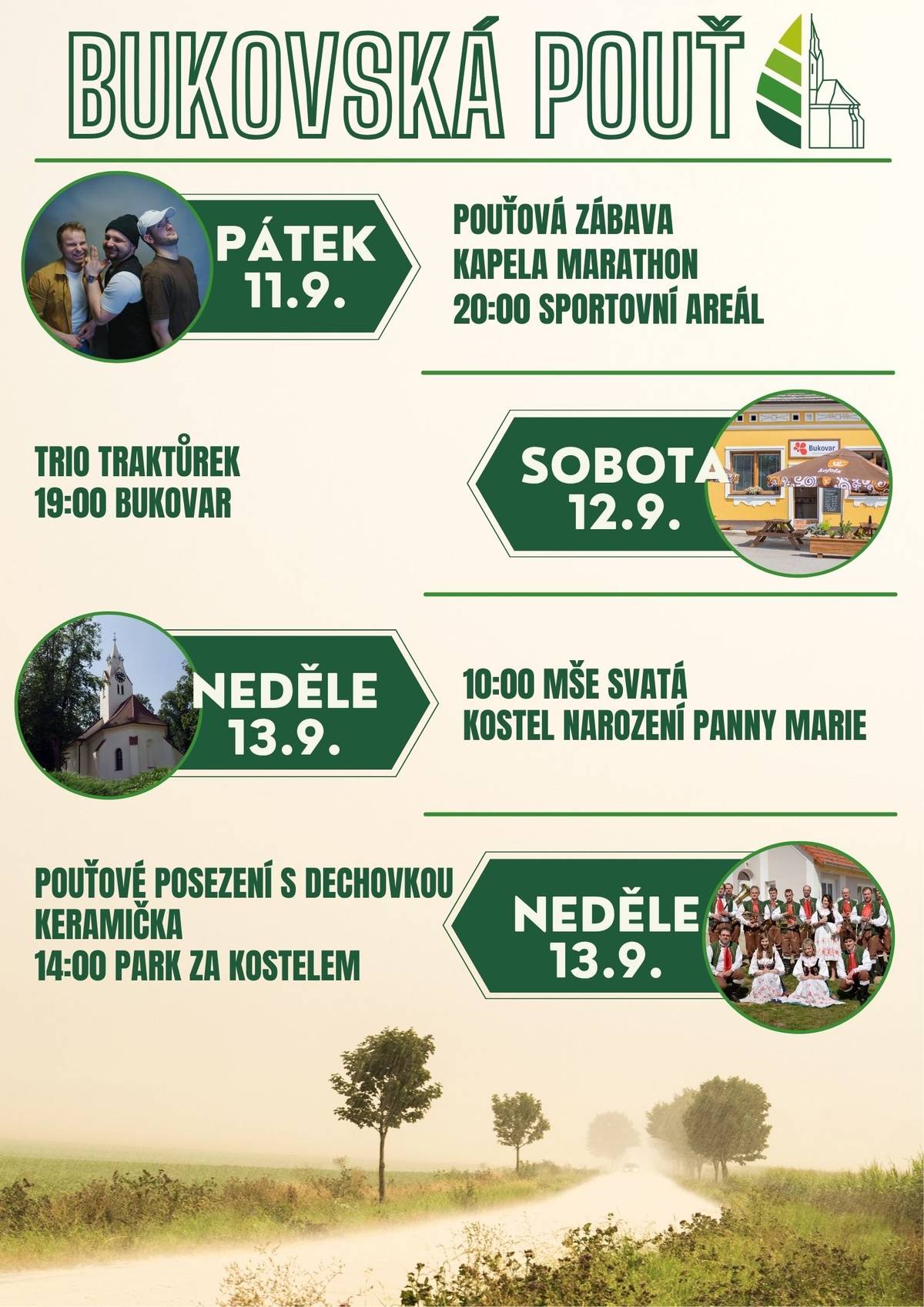 Zveme vás na tradiční Bukovskou pouť, která nabídne hudbu, zábavu, dobré jídlo i příjemné společné chvíle. Přijďte si užít pouťový víkend v Dolním Bukovsku! 💚 📅 PÁTEK 11. 9. 🎶 Pouťová zábava – kapela Marathon 🕗 od 20:00 ve sportovním areálu 📅 SOBOTA 12. 9. 🍻 Trio Traktůrek 🕖 od 19:00 v Pivovaru Bukovar 📅 NEDĚLE 13. 9. ⛪ Mše svatá 🕙 od 10:00 v kostele Narození Panny Marie 🎺 Pouťové posezení s dechovkou Keramička 🕑 od 14:00 v parku za kostelem Čeká nás krásný pouťový víkend – tak si ho nenechte ujít! ❤️ Těšíme se na vás! 🍀 #BukovskáPouť #DolníBukovsko #Pouť #Bukovar #Marathon #Keramička #PšeničnáBlata