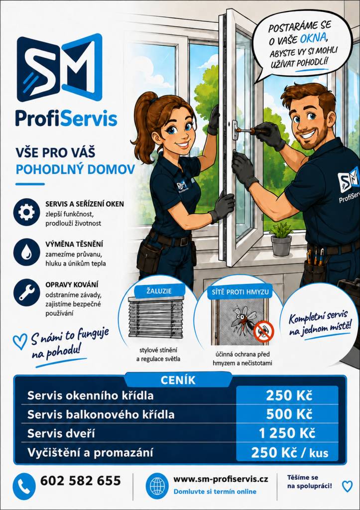Firma SM-ProfiServis nabízí kontrolu oken a dveří plastových a dřevěných zdarma. Případný servis lze sjednat na místě se slevou 30%. Zájemci se mohou na kontrolu objednat na tel. 602 582 655