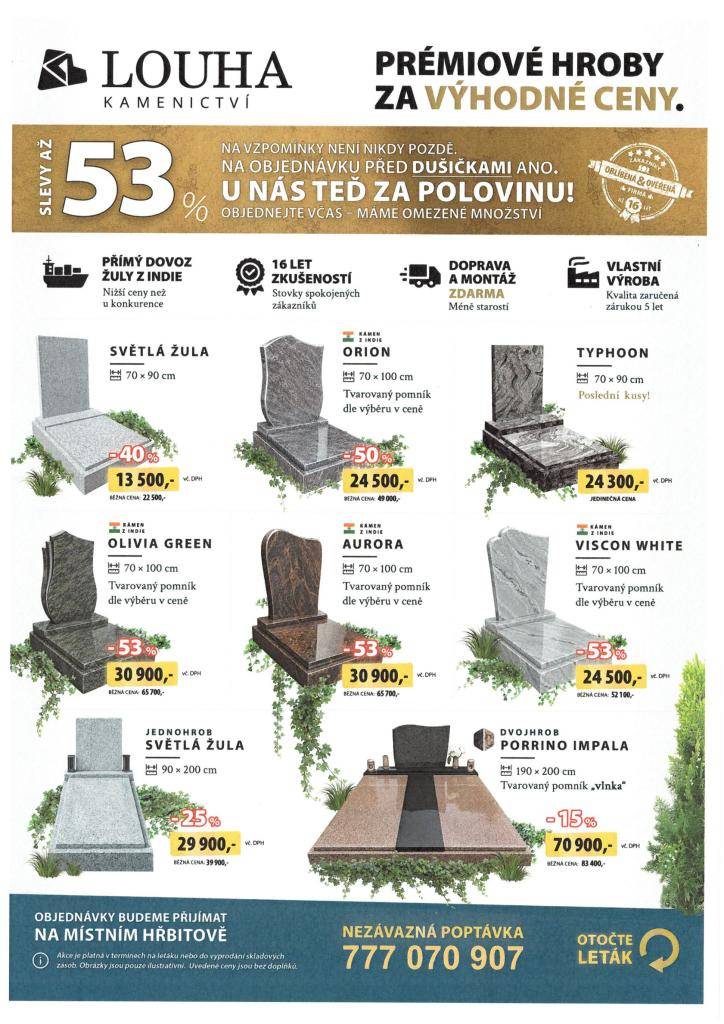 Zástupce Kamenictví Louha bude v pondělí 31.8.2026 od 10.05 do 10.25 hod na místním hřbitově nabízet výrobky a kamenické práce