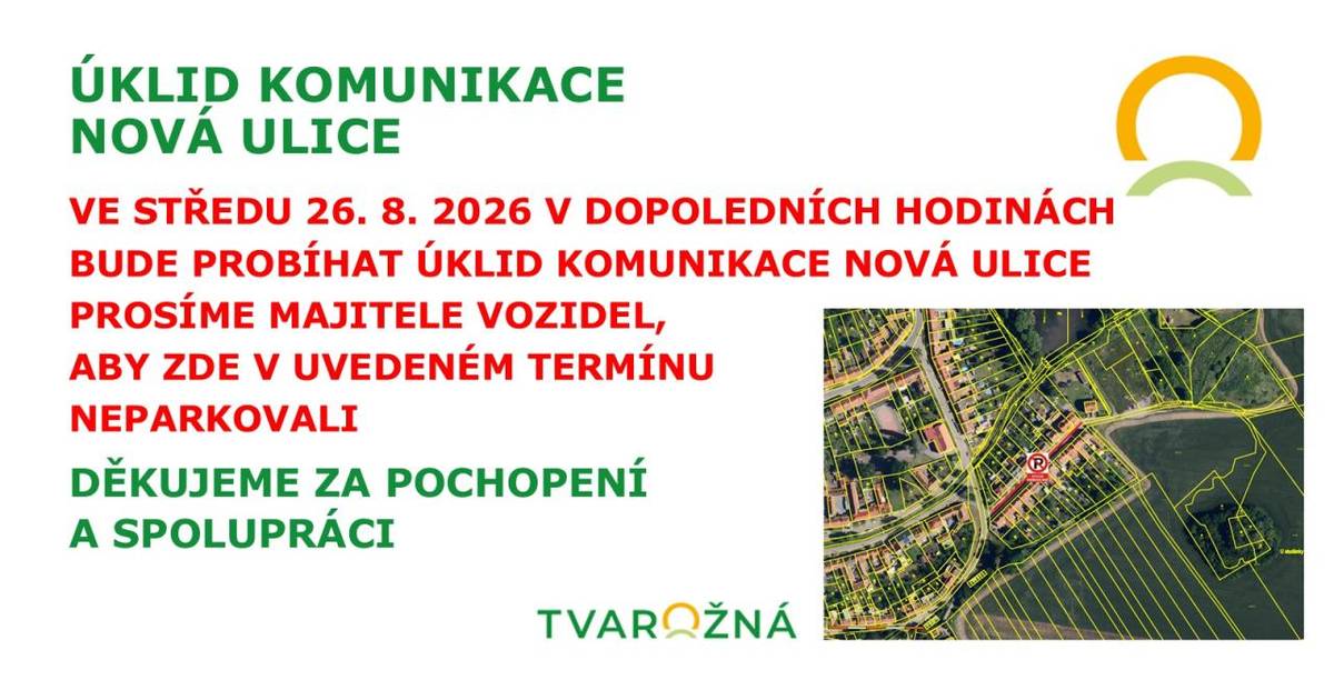 Ve středu 26. 8. 2026 v dopoledních hodinách bude probíhat úklid komunikace Nová ulice.