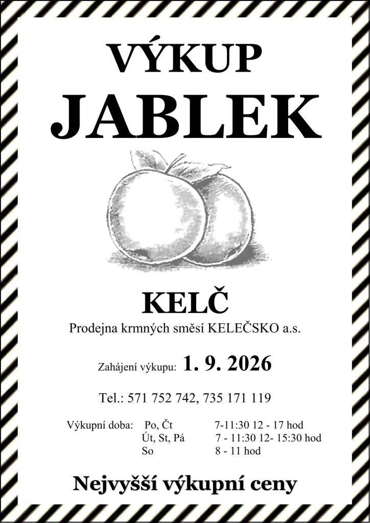V úterý 1.9. zahájí výkup padaných jablek středisková výkupna Prodejna krmných směsí KELEČSKO a.s.