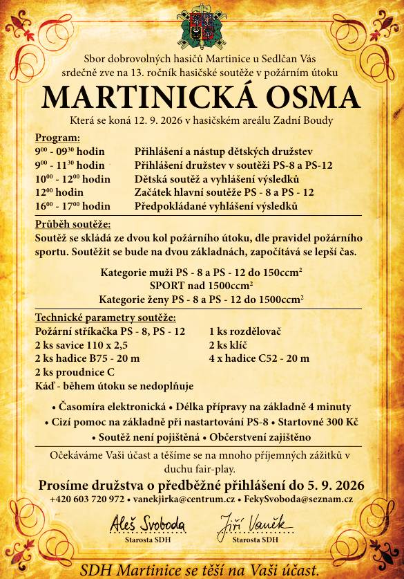 ZADNÍ BOUDY Sbor dobrovolných hasičů Martinice pořádá v sobotu 12. září hasičskou soutěž v požárním útoku nazvanou Martinická osma.