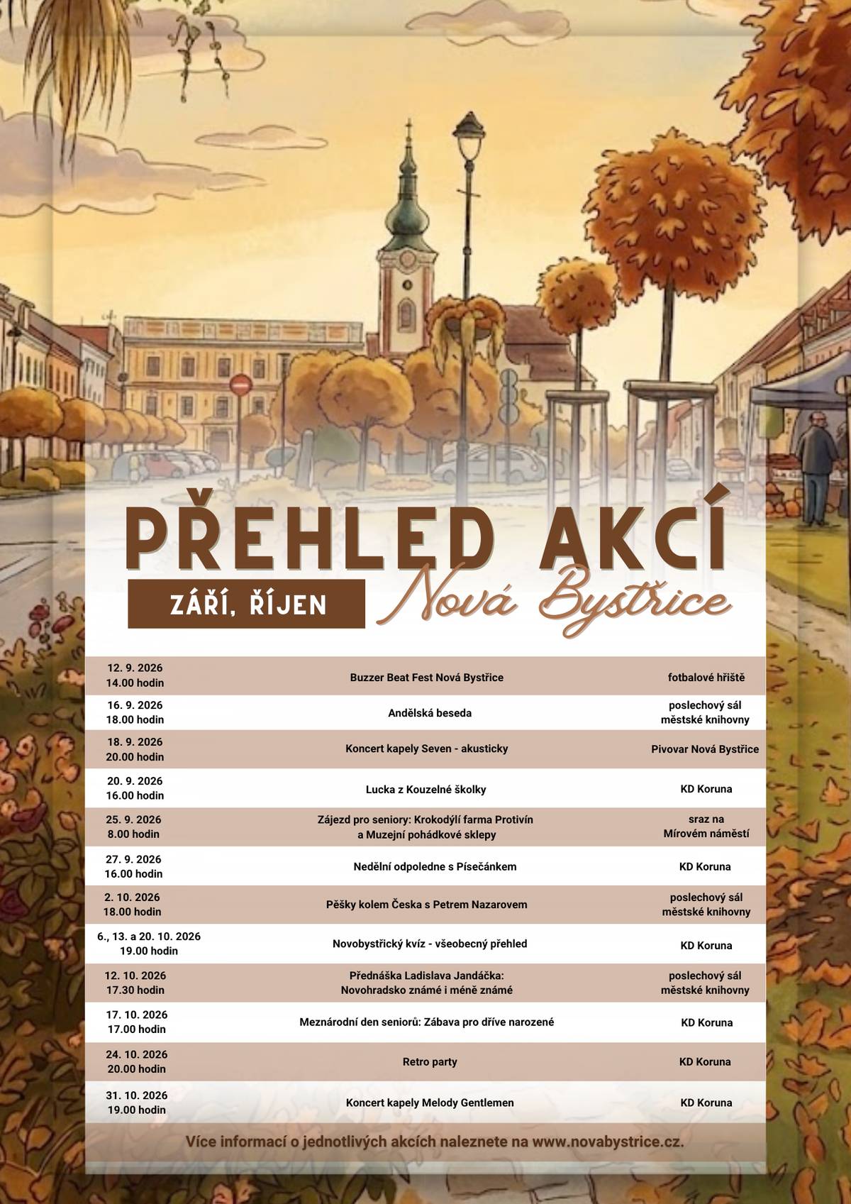 Milí spoluobčané, na přiloženém plakátě naleznete seznam kulturních akcí v Nové Bystřici v září a říjnu. Těšíme se na vás!