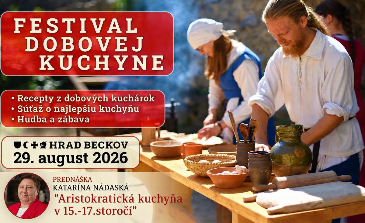 Sobota 29.8.2026 od 9:00 do 18:00 Recepty z dobových kuchárok na hrade Beckov. Kuchyňa stredoveku nebola fádna a mnohé receptúry sa pretransformovali do dnešnej kuchyne. Príďte okúsiť autentické stredoveké recepty a rozhodnúť o váťazovi. Vydávanie ochutnávok súťažných kuchýň od 11:00 do 14:30 9:30 Prehliadka hradu 10:30 Musica Ursusica 11:00 Šaškova rozprávka 11:30 Prehliadka hradu 13:00 Sokoliarske vystúpenie 13:30 Prehliadka hradu 14:30 Musica Ursusica 15:00 Vyhodnotenie súťaže 15:30 Prednáška Katarína Nadaská 16:30 Vir fortis šermiarsko divadelné predtsvenie 17:00 Šaškova rozprávka Podujatie podporil Fond na podporu umenia. Podujatie sa koná v rámci bežného vstupného na hrad Beckov. Beckovania majú vstup zdarma.