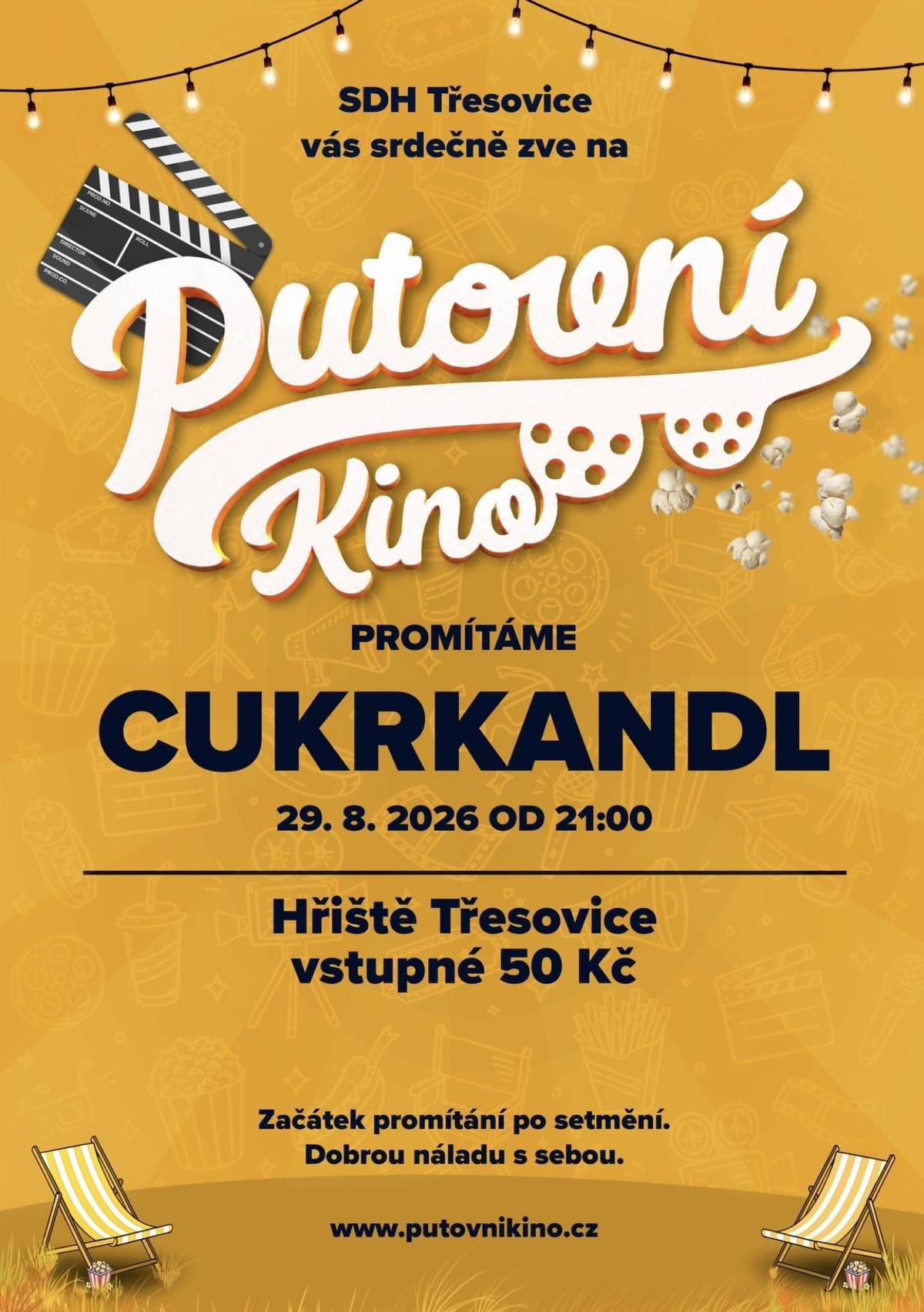 Přijďte na letní kino.    Pojďme si užít letní horko do letního kina na hřišti v Třesovicích v sobotu 29. 8. 2026 při promítání českého filmu "Cukrkandl".