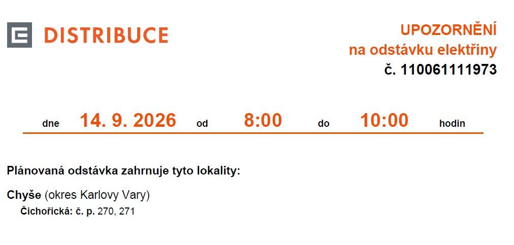 Odstávka Čichořická 14.9.2026