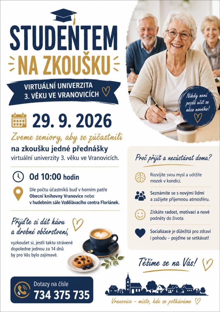 Zveme seniory vyzkoušet si jednu přednášku virtuální univerzity 3. věku ve Vranovicích, která se bude konat 29. září 2026 od 10:00 hodin.