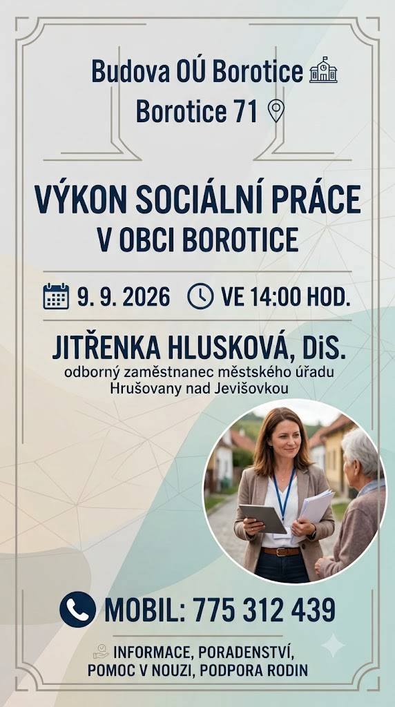 V Boroticích se 9. září 2026 uskuteční setkání zaměřené na sociální práci.