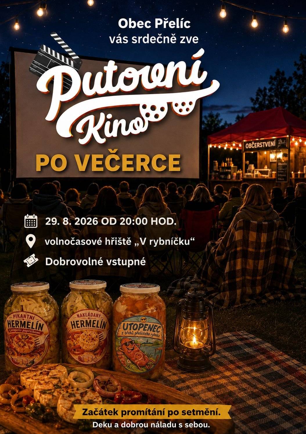 Už tuto sobotu 29. 8. se můžete těšit na letní kino v Přelíci! Pod širým nebem si společně užijeme hit roku 2026 – film PO VEČERCE. 🎥✨ 🍺 Stánek s občerstvením bude otevřen od 19:00 a připravili jsme pro vás:  pivo 🍺 limonádu 🥤 nakládaný hermelín 🧀 utopence 🌭 párek v rohlíku 🌭 a nebude chybět ani něco tvrdšího 🥃😉  🌤️ Počasí vypadá příznivě, ale večer už se bude hodit bunda nebo deka. 🪑 Nezapomeňte si s sebou vzít židličky, křesílka nebo deky na sezení, ať si film užijete co nejpohodlněji. Těšíme se na vás! ❤️ Přijďte si užít letní večer, dobré občerstvení a film pod hvězdami. 🎬⭐
