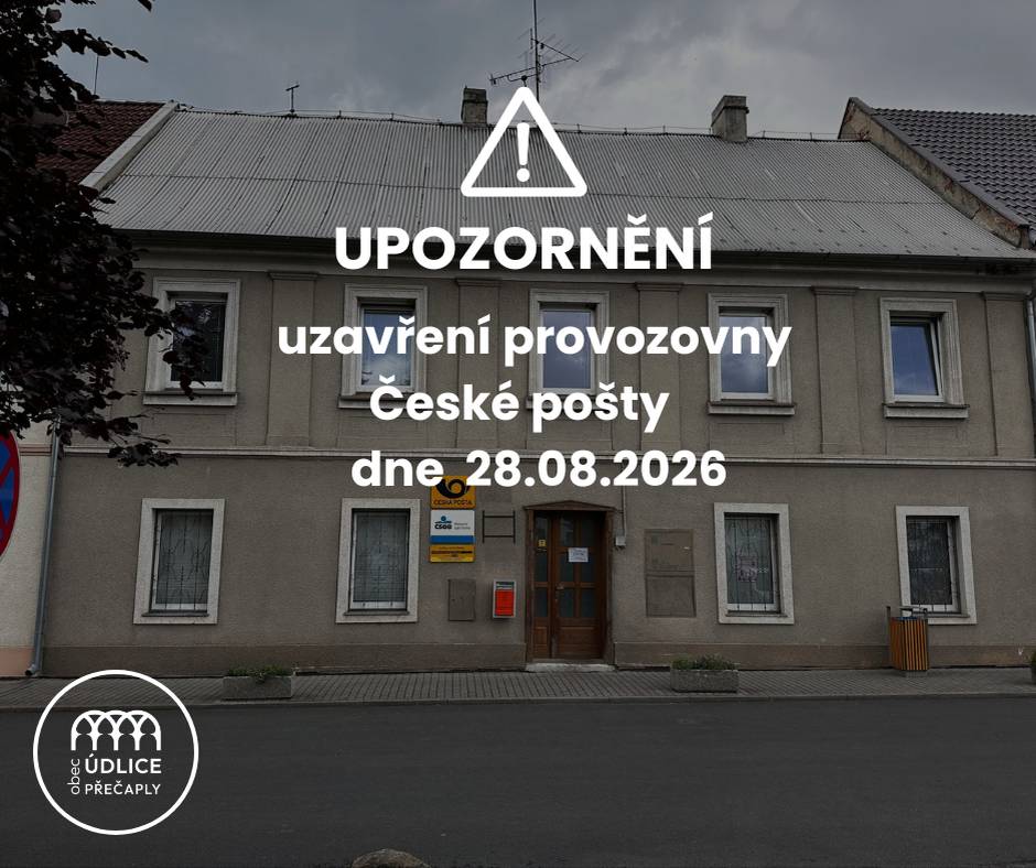 Vážení občané, upozorňujeme, že dne 28.08.2026 bude provozovna České pošty uzavřena z provozních důvodů. Děkujeme za pochopení.