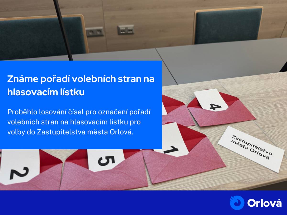 V pondělí 24. srpna 2026 proběhlo u registračního úřadu (Městský úřad Orlová, Osvobození 796, Orlová-Lutyně) losování čísel pro označení pořadí volebních stran na hlasovacím lístku pro volby do Zastupitelstva města Orlová, Zastupitelstva města Petřvald a Zastupitelstva obce Doubrava, konané dne 9. a 10. října. Pořadí volebních ...