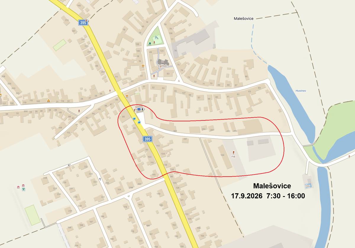 Z důvodu plánovaných prací na zařízení distribuční soustavy bude přerušena dodávka elektrické energie. Dne 17.09.2026 od 07:30 do 16:00 Vypnutá oblast: Malešovice - Hlavní od č.p. 145 a 138 po č.p. 80 a 50 (OU) - ulička od OU po Husinec včetně garáží a FVE