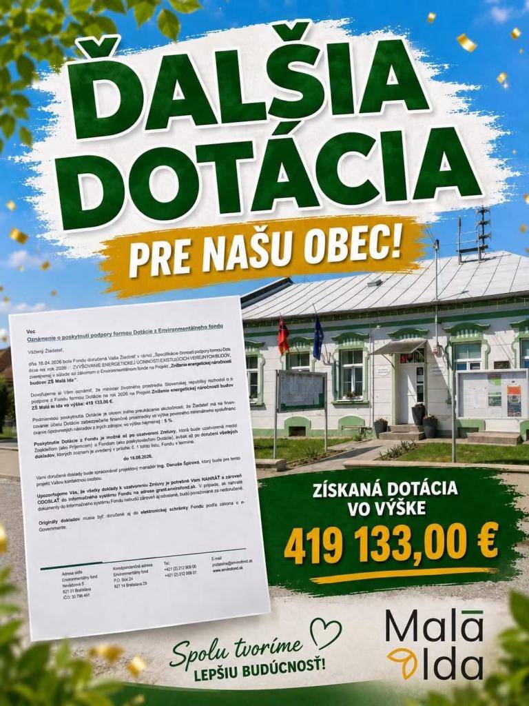 Ďalšia dobrá správa pre Malú Idu! Naša obec získala dotáciu z Environmentálneho fondu vo výške 419 133 eur. Finančné prostriedky využijeme na ďalší rozvoj ZŠ a skvalitnenie života v obci. Ďakujeme všetkým, ktorí sa podieľali na príprave projektu.