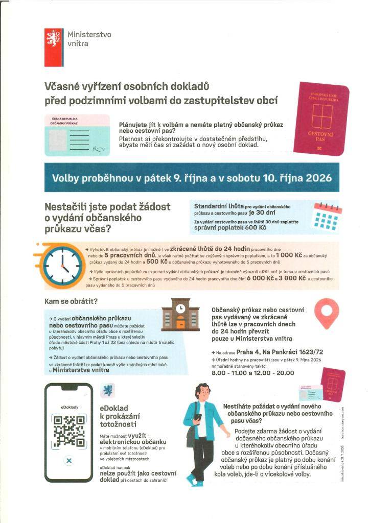 Před podzimními volbami do zastupitelstev obcí je nutné zajistit si platné osobní doklady. Volby proběhnou 9. a 10. října 2026.