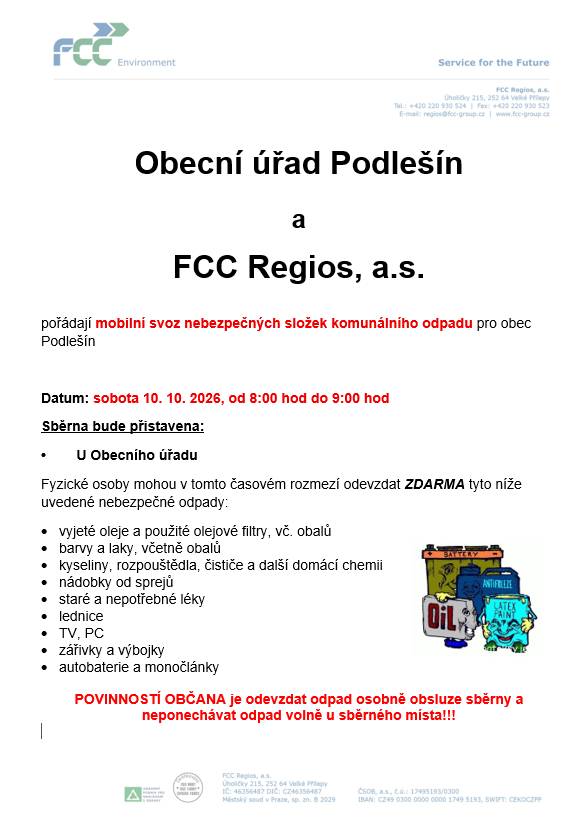 Mobilní svoz nebezpečných složek komunálního odpadu 10.10. 2026