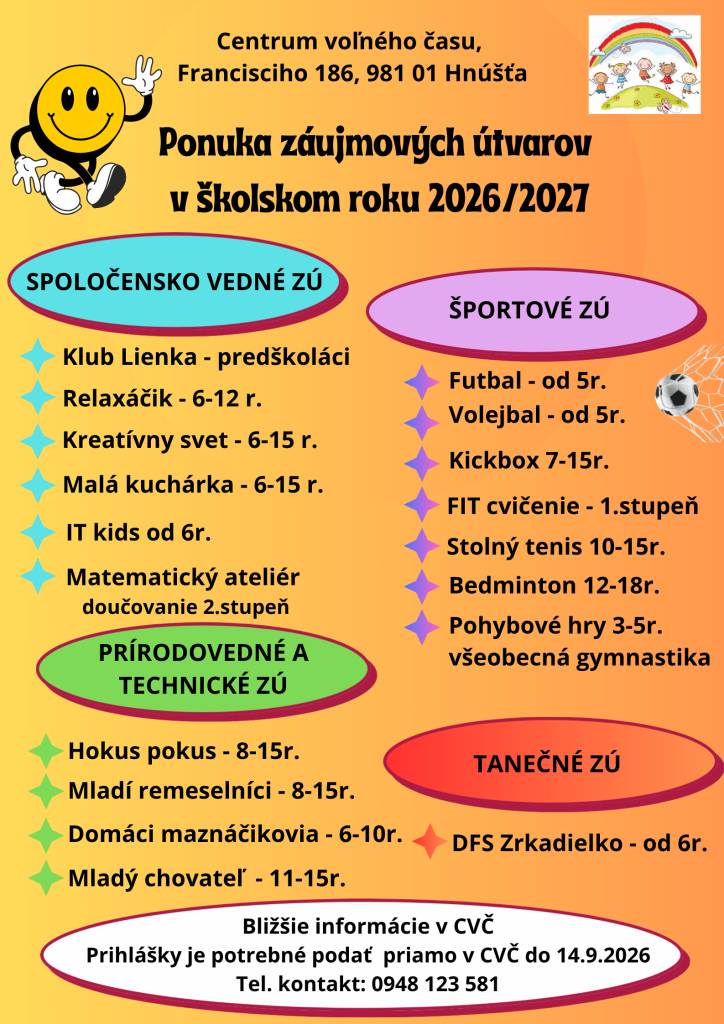 Hnúšťa, 26.8.2026 - Centrum voľného času v Hnúšti predstavuje ponuku záujmových krúžkov v školskom roku 2026/2027.