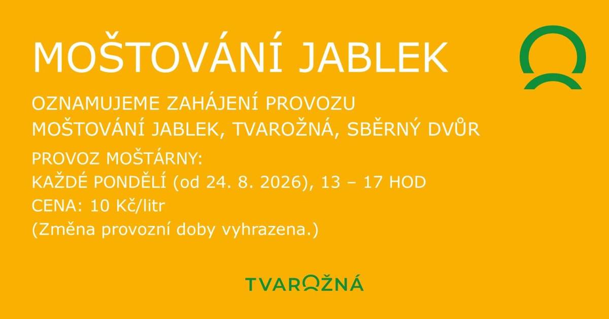 Zahajujeme provoz moštování jablek od 24. 8. 2026.