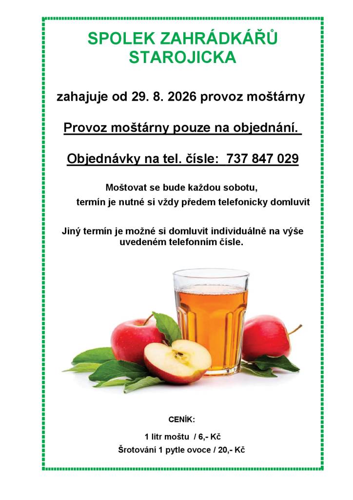 Provoz moštárny na Starém Jičíně – Spolek zahrádkářů Starojicka – od 29. srpna na objednání