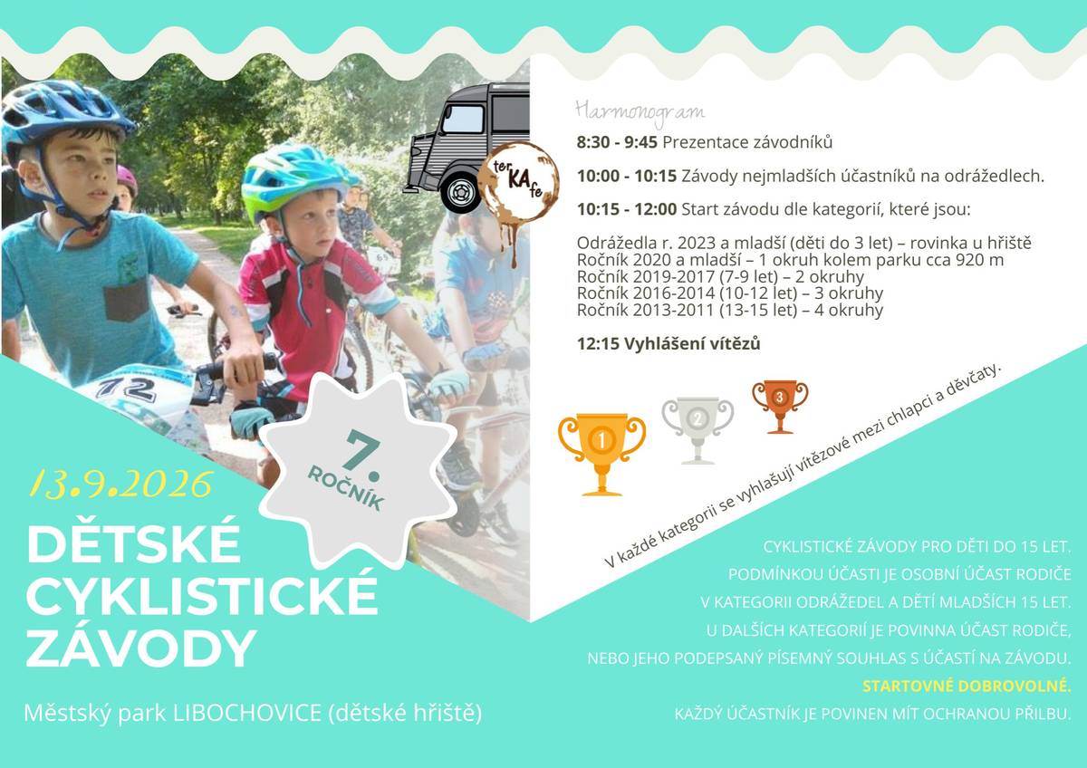 Zveme všechny malé cyklisty a cyklistky na oblíbené dětské závody v městském parku v Libochovicích. 🗓️ 13. září 2026 📍 Městský park Libochovice (dětské hřiště) 🚲 Startovné: dobrovolné Závody jsou určeny pro děti do 15 let. Podmínkou účasti je ochranná přilba a přítomnost zákonného zástupce či písemný souhlas u starších dětí. Harmonogram akce a věkové kategorie naleznete na přiložené plakátu. 👨👩👧👦 Přijďte s celou rodinou strávit sportovní dopoledne plné zábavy a pohybu. Na dospělé v parku čeká čerstvá káva v autíčku TerKAfe. ☕