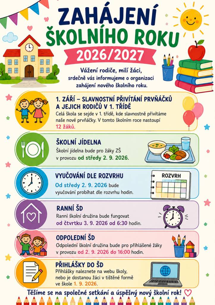 Slavnostní zahájení školního roku 2026/2027 v naší ZŠ proběhne v úterý 1. září 2026.