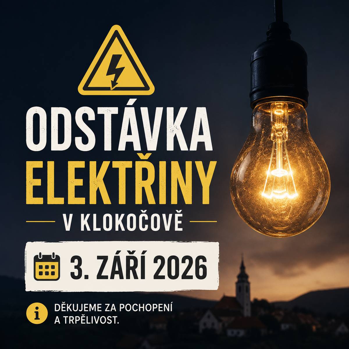 Dne 3. září 2026 dojde k plánované odstávce elektřiny v lokalitách části obce Klokočov.  Odstávka bude trvat od 8:00 do 16:00 hodin a zahrnuje konkrétní čísla popisná: 36-40, 74, 76, 92, 113, 120, 121, 124, 142, 143, 145, 146, 153, 157, 164, 167, 194, 195, 213  Všichni obyvatelé jsou vyzváni, aby dodržovali bezpečnostní opatření, neboť zařízení může být pod napětím i během odstávky.