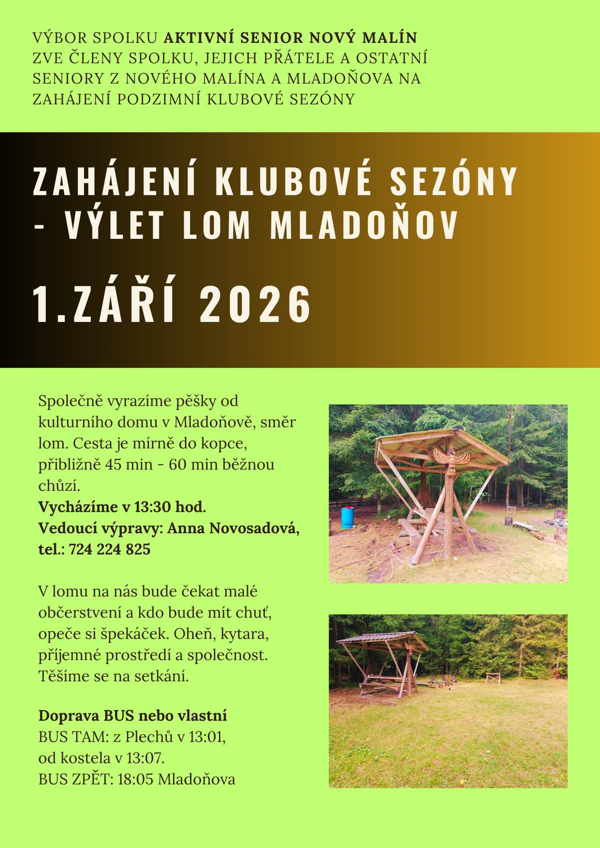 Výbor spolku Aktivní senior Nový Malín zve členy spolku, jejich přátele i ostatní seniory z Nového Malína a Mladoňova na zahájení podzimní klubové sezóny.