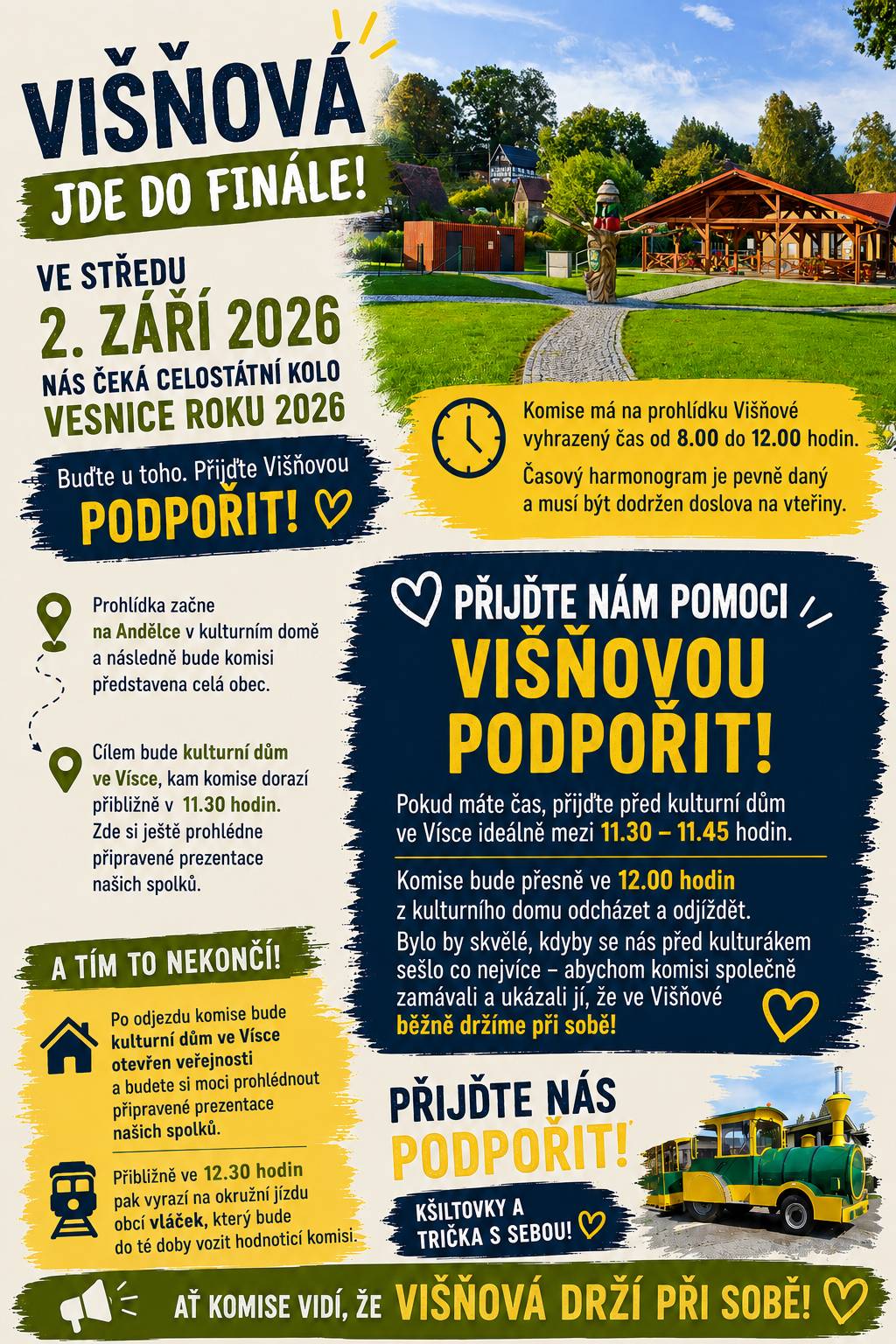 Ve středu 2.9.2026 nás čeká celostátní kolo Vesnice roku 2026. Kdo můžete, přijďte obec podpořit ke kulturnímu domu ve Vísce (přibližně v 11.30 - 11.45 hodin).