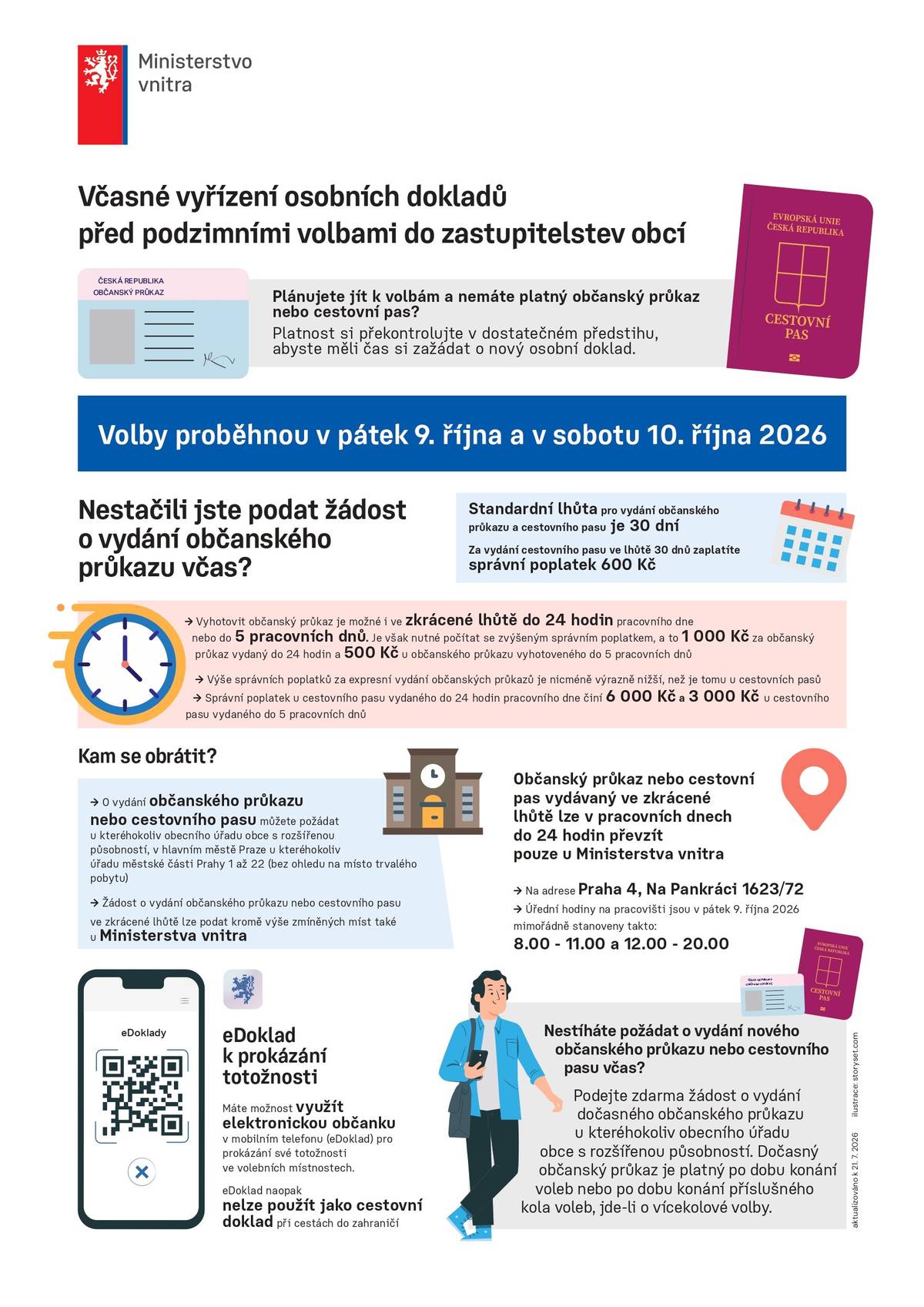 Plánujete jít k volbám a nemáte platný občanský průkaz nebo cestovní pas? Platnost si překontrolujte v dostatečném předstihu, abyste měli čas si zažádat o nový osobní doklad. Volby proběhnou v pátek 9. října a v sobotu 10. října 2026.
