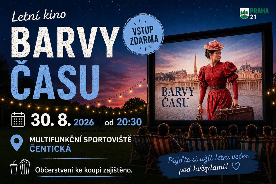 V neděli 30. srpna 2026 od 20:30 společně zhlédneme francouzský film Barvy času.   Přijďte si užít příjemný letní večer pod širým nebem. Těšit se můžete na promítání v pohodové atmosféře, příjemné posezení i společný kulturní zážitek s rodinou a přáteli. Pro větší pohodlí doporučujeme vzít si deku nebo vlastní podsedák. Na místě bude možné zakoupit občerstvení.  Kdy a kde? 30. 8. 2026 od 20:30 Multifunkční sportoviště Čentická   Těšíme se na vás!