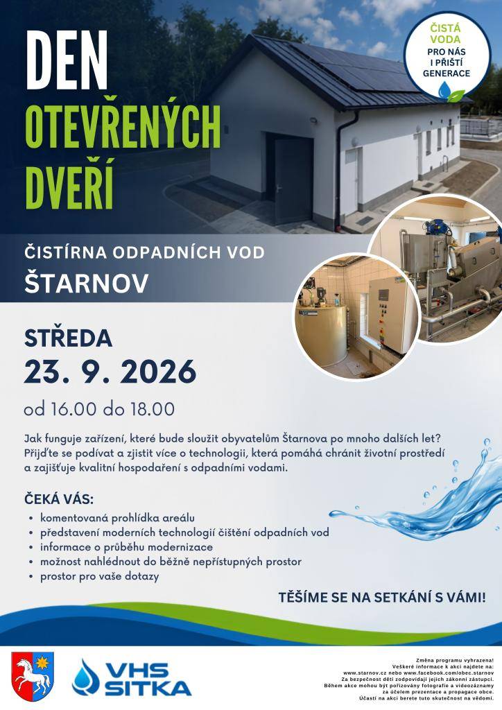 Přijďte ve středu 23. září 2026 od 16:00 do 18:00 na akci, kde se dozvíte více o technologii čištění odpadních vod a jejím přínosu pro životní prostředí.