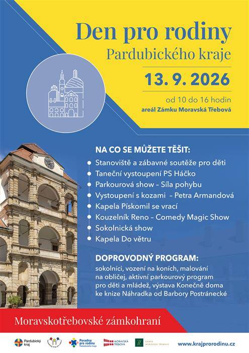 Moravskotřebovské zámkohraní. Takový je podtitul letošního Dne pro rodiny Pardubického kraje, který se uskuteční v neděli 13. září 2026 od 10 do 16 hodin v areálu moravskotřebovského zámku.