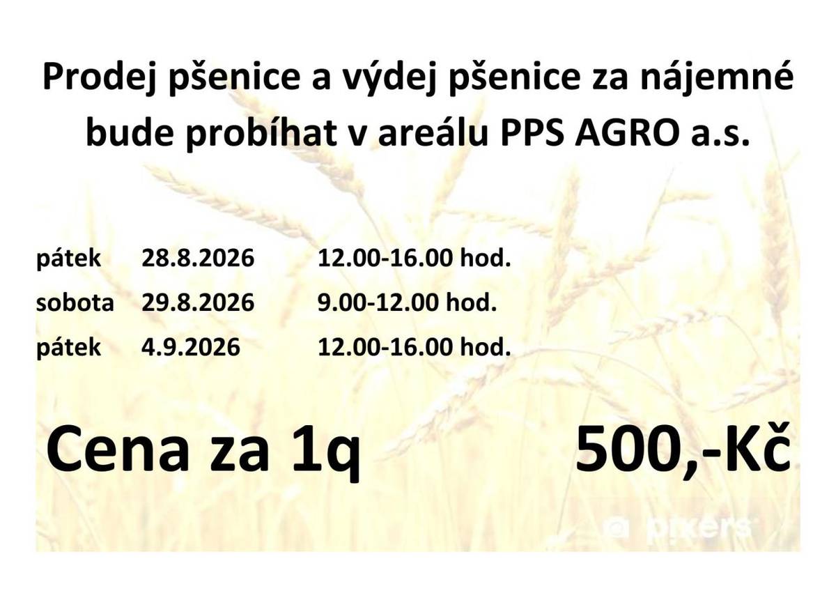 Prodej pšenice a výdej pšenice za nájemné - PPS AGRO a. s., Strachotín.