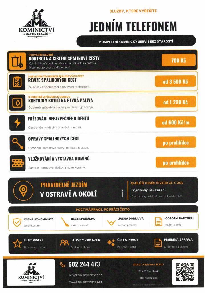 Kominictví Hlaváč bude dne 24. 9. 2026 provádět kominické práce. Pokud máte zájem, objednejte si tuto službu na tel. č. 602 244 473. Bližší informace v příloze.