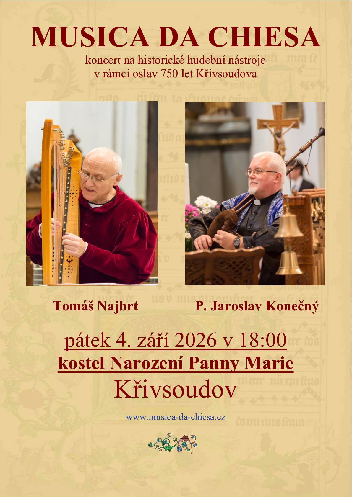 MUSICA DA CHIESA  koncert na historické  hudební nástroje v pátek 4.9.2026 v 18.00 hod v kostele Narození Panny Marie Křivsoudov.