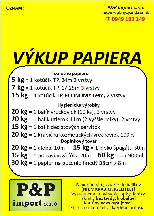 Spoločnosť P&P import uskutoční v pondelok 31. augusta 2026 o 15:00 hod. pri obecnom úrade výkup starého papiera formou výmeny za hygienické potreby.