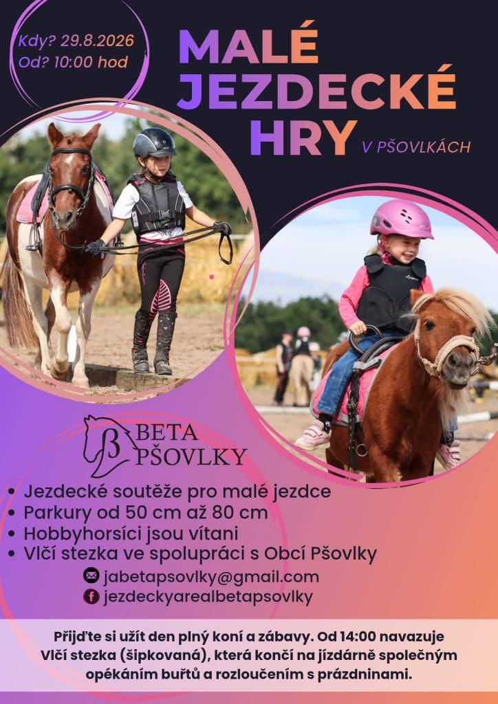 Zveme vás na jezdecké soutěže pro malé jezdce, které se uskuteční 29. srpna 2026 od 10 hod. Parkury od 50 cm až 80 cm. Hobbyhorsíci jsou vítáni. Vlčí stezka od 14 hodin.