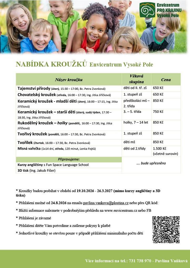 I letos jsme si pro děti připravili bohatou nabídku kroužků.  Dnešním dnem spouštíme přihlašování.    K zápisu, prosíme, využijte formulář, který se Vám zobrazí po použití QR kódu, eventuálně je možné děti přihlásit na email: pavlina.vankova@plostina.cz.