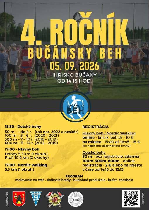 Už 5. septembra 2026 sa uskutoční 4. ročník Bučánskeho behu. Čakajú na vás trate pre deti aj dospelých, hobby aj profi kategória, nordic walking a skvelá atmosféra pre celú rodinu.