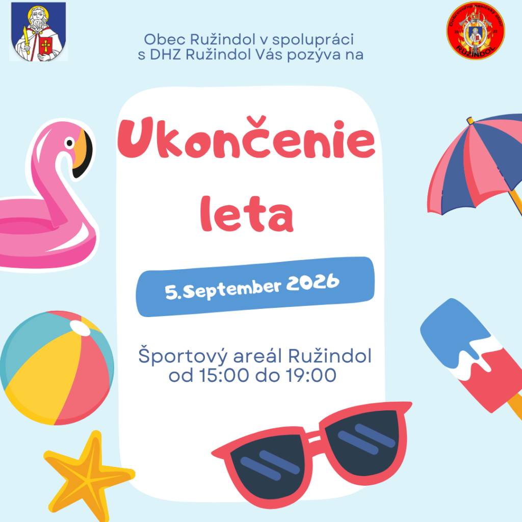 Obec Ružindol v spolupráci s DHZ Ružindol pozýva všetky deti a ich rodičov 5. septembra o 15.00 do Športového areálu Ružindol, aby sme sa spoločne rozlúčili s letom. Pripravené budú nafukovacie atrakcie, maľovanie na tvár a nesmie chýbať aj obľúbená pena.  Ukončime leto s úsmevom a v dobrej nálade!