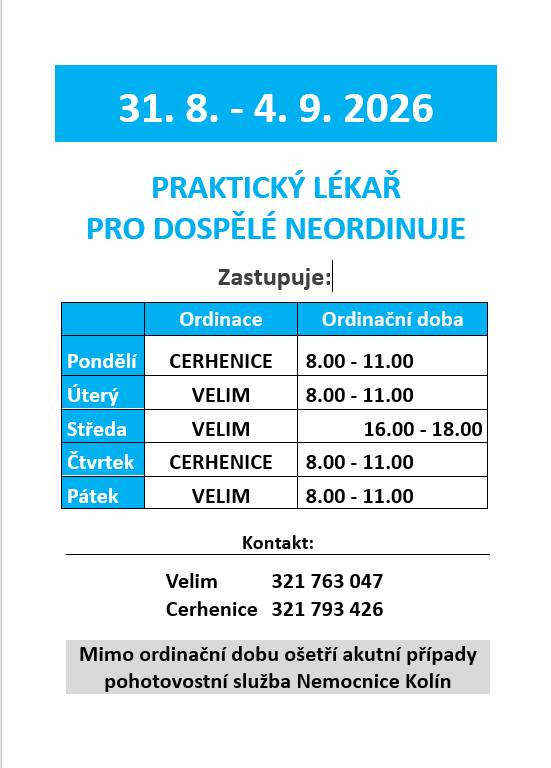 od 31.8. do 4.9.2026 má praktický lékař pro dospělé v Plaňanech dovolenou