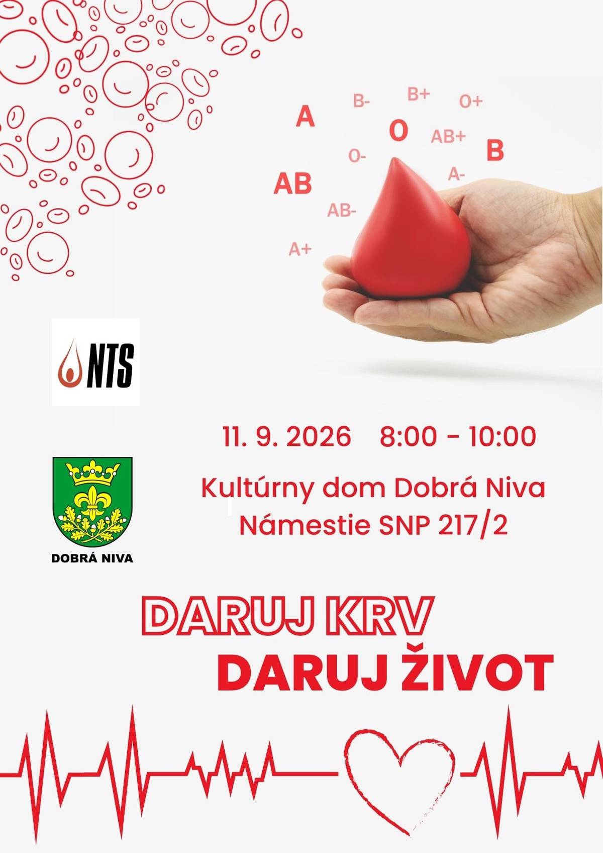 Už 14. mobilný odber krvi je za dverami!    A neboj sa – o krv neprídeš, len o pár decilitrov… ale získaš dobrý pocit na celý deň.       KEDY: 11. 9. 2026 KDE: Kultúrny dom v Dobrej Nive ČAS: 8:00 – 10:00     Stačí sa prihlásiť do 9. 9. 2026 na 0915 850 044, 045/5382 352.    Tvoja krv môže byť pre niekoho doslova darom života. A čo je lepšie ako pomôcť človeku, ktorého možno nikdy nestretneš     DOBRÁ NIVA – DOBRÍ ĽUDIA – DOBRÁ KRV.