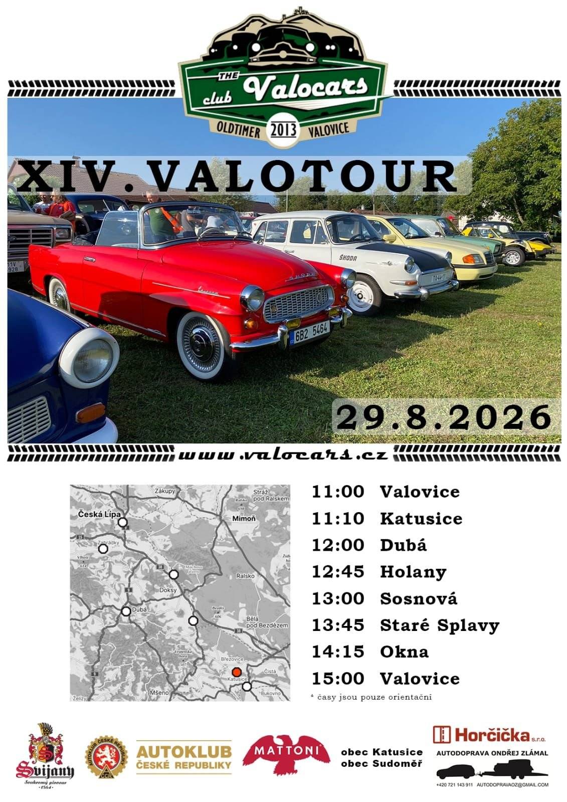 V sobotu 29. srpna projede Dubou XIV. VALOTOUR,  orientační jízda historických vozidel. Na Masarykově náměstí budou veteránské vozy postupně zastavovat přibližně mezi 11:30 a 13:30 hodinou.  🚘 Přijďte se podívat a obdivovat veterány, které budou Dubou projíždět. 😊