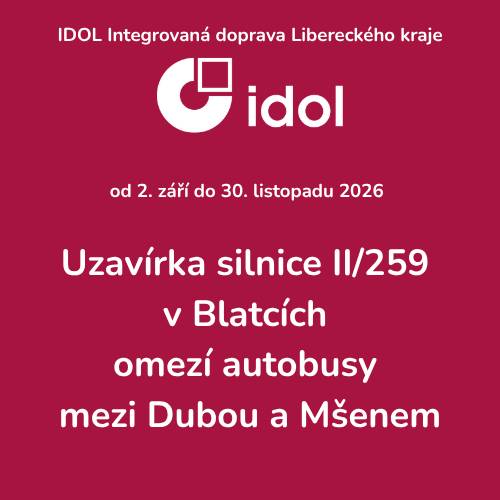 Od 2. září do 30. listopadu 2026 bude probíhat rekonstrukce silnice II/259 v úseku Blatce – Konrádov. Z tohoto důvodu dojde k omezení provozu na autobusové lince 697 (Mšeno – Dubá – Doksy, Staré Splavy). ⚠️ Ve všedních dnech nebude možné cestovat přímým autobusem mezi Dubou a Mšenem. ✅ Spoje linky 697 budou jezdit pouze v trase Dubá – Nedamov – Ždírec – Blatce, rozcestí a zpět. ✅ O víkendech zůstávají zachovány 2 páry spojů mezi Mšenem, Dubou a Doksy po objízdné trase. Počítejte však s upravenými časy odjezdů. ⏰ Pozor také na změny ranních spojů: • Linka 281, spoj 44 z České Lípy do Dubé (běžně v 6:15) pojede přibližně o 5 minut dříve. • Linka 284, spoje 3 a 4 mezi Dubou a Tuhaní pojedou rovněž dříve. Nově odjezd z Dubé v 6:58 a zpět z Tuhaně v 7:13. 📅 Před cestou doporučujeme zkontrolovat aktuální jízdní řády a podrobnosti k výluce, které najdete v odkazu: informace k výluce ☎️ Dispečink IDOL: 704 702 000 Děkujeme za pochopení a přejeme pohodovou cestu. 🚌🙂💚