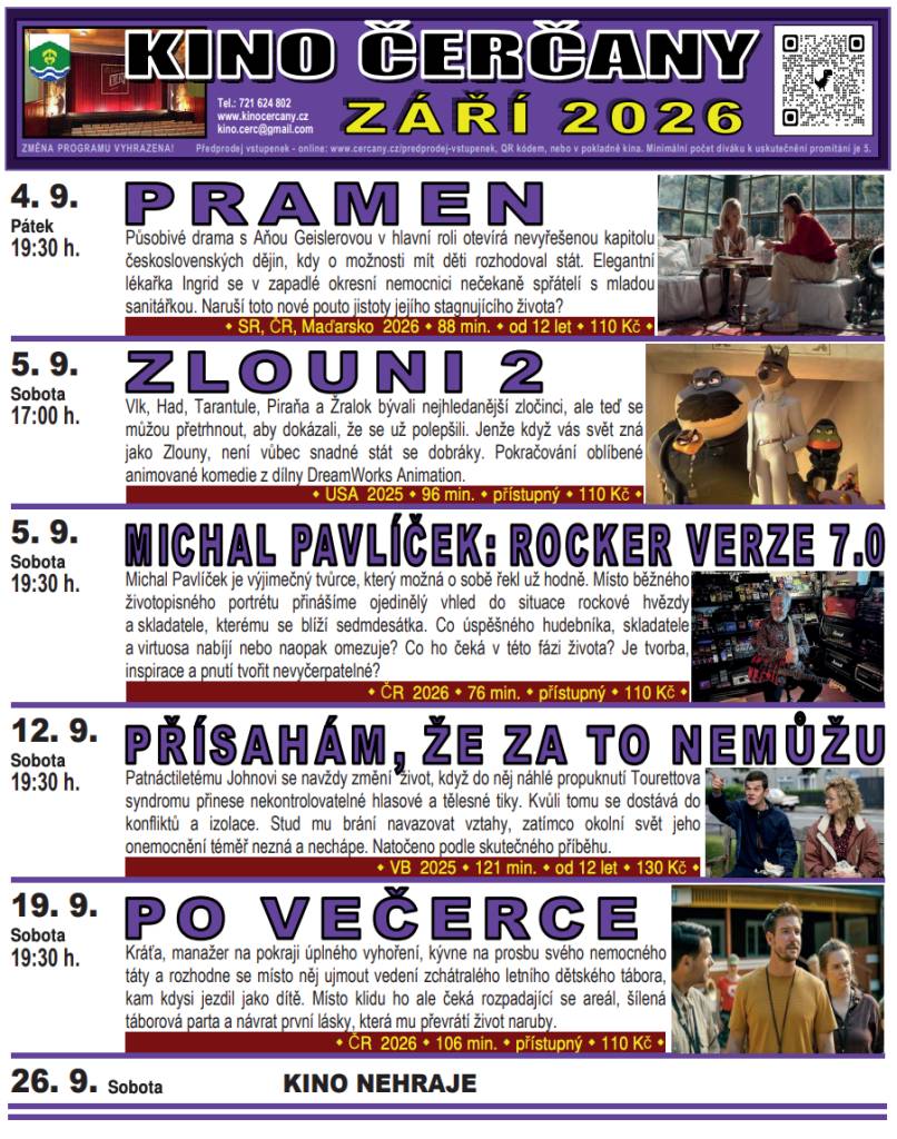 V příloze naleznete program kina v Čerčanech na září 2026. Přijďte se podívat na zajímavé filmy a podpořit naše lokální kino.