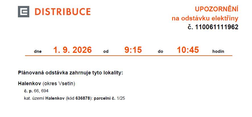 Oznámení o přerušení dodávky elektrické energie 1.9. 2026 od 9:15 do 10:45