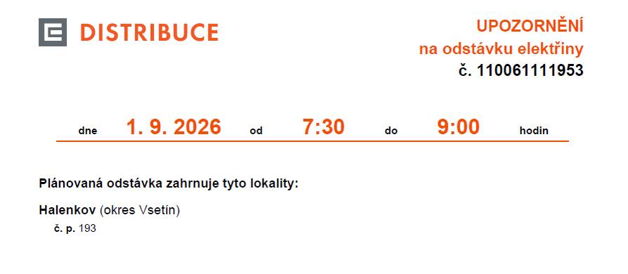 Oznámení o přerušení dodávky elektrické energie 1.9.2026 od 7:30 do 9:00