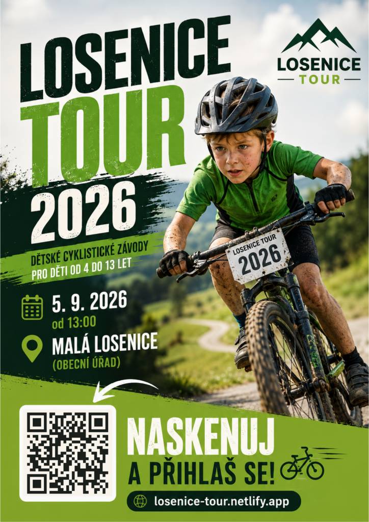 Zveme všechny malé cyklisty na další ročník dětských závodů Losenice Tour, který se uskuteční v sobotu 5. září 2026 od 13:00 v Malé Losenici.