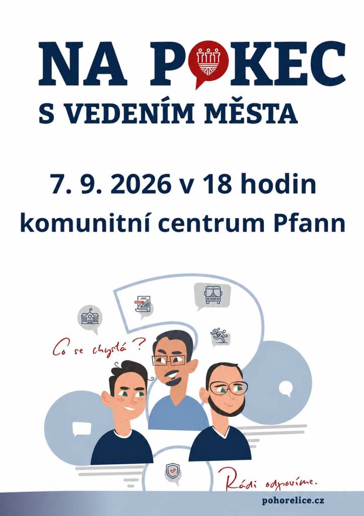 Zveme vás na Pokec s vedením města, který se koná každé první pondělí v měsíci. Přijďte se zeptat na to, co vás zajímá.