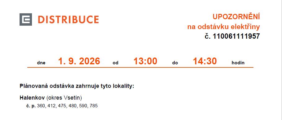 Přerušení dodávky elektrické energie 1.9.2026